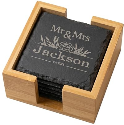Personalised Coaster Set of 6 with Bamboo Holder - Mr and Mrs Wedding Gifts