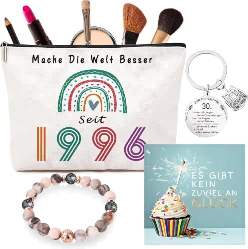 Geschenk 30. Geburtstag Frau, Exquisites Make-up-Taschen & Pink Naturstein-Armband Set mit Grußkarte & Schlüsselanhänger – Perfekte 30 Geburtstag Frauen Geschenke für Tochter, Ehefrau, Schwester