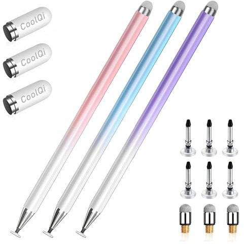 3 pcs Stylus Pens for Touch Screens, 2 in 1 High Precision Universal ipad Pen,Stylus Pen for iPad/iPhone/Android/Microsoft Tablets, Compatible with All Touch Screens with 9 Tips(Purple/Pink/Blue)