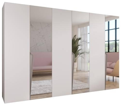 MEBLE KRYSPOL - Kleiderschrank - Garderobenschrank - 300 cm x 202 x 52 cm - Schrank mit Kleiderstange und Spiegel, 6 Türen - für Schlafzimmer, Flur - Piano, Weiß, Griff Kaschmir