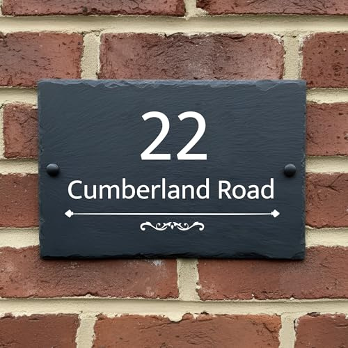 Rustic Slate House Sign - Custom House number plaques with Natural Farmhouse Design- Includes Screws & Fixings - Ideal for Home, Office (Design 4, Small)