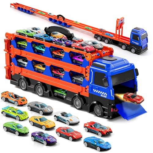 Dcceeo Camion Transporteur Voiture, Transporter Truck Cars Jouets pour Garçons de 3 4 5 6 7 Ans Camion de Course Pliable Double Couche avec 24 Petite Voiture Cadeaux Jouets pour Enfants 3 4 5 6 Ans