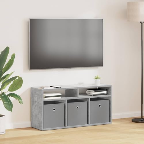 QUAHEAS Lowboard Beton Grau mit 3 Schubladen 87 x 27,5 x 43 cm, TV Lowboard mit viel Stauraum, modernes Sideboard mit Regal und Kabelkanal, vielseitig für Wohnzimmer und Schlafzimmer