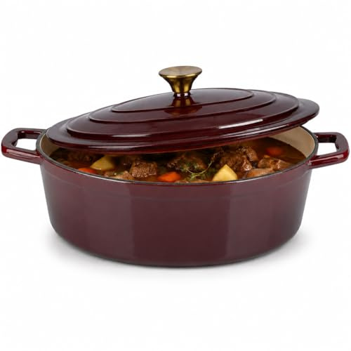 BAKAJI - Cazuela ovalada de hierro fundido esmaltado con doble mango ergonómico y cazuela holandesa de alta resistencia con tapa de alta conservación del calor para guisos y largos