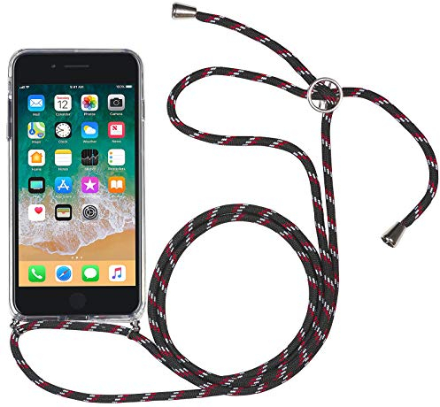 STILGUT Handykette kompatibel mit iPhone 7/8 und iPhone SE 2020, Handyhülle zum Umhängen, transparente Hülle mit Band in Schwarz-Rot-Weiß