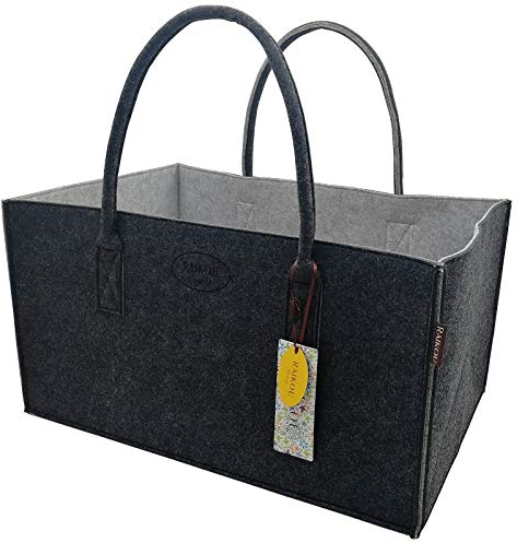 RAIKOU NEU Filztasche Shopper Holzkorb Einkaufstasche Henkeltasche Zeitungskorb Stabile Kaminholztasche Zeitungsständer auch für Spielzeug Garten Picknick Strand (Anthrazit/Grau,50 * 34 * 27cm)