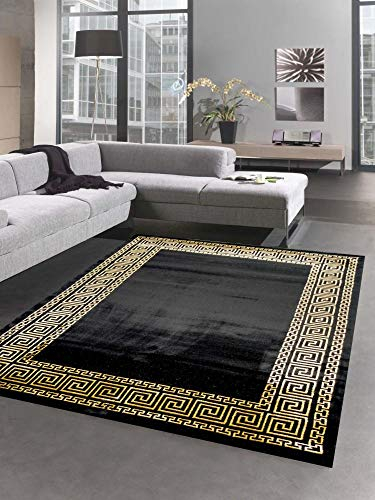 CARPETIA Teppich Wohnzimmer mit Bordüre im Mäander Muster schwarz Gold Größe 120x170 cm
