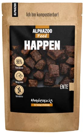alphazoo Happen Hundeleckerli Ente 200g I Natürliche Leckereien für Hunde ohne Zusätze I Ideal für mittlere & große Hunde I Belohnung & Trainingssnack