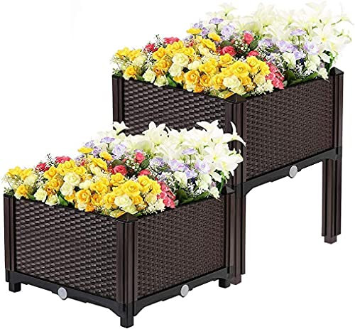 Taylor & Brown Set Of 2 Elevated Plastic Raised Garden Bed Planter Box Kit Rattan Effect For Flower Vegetable Herbs With Water Design & Drainage Holes - Brown