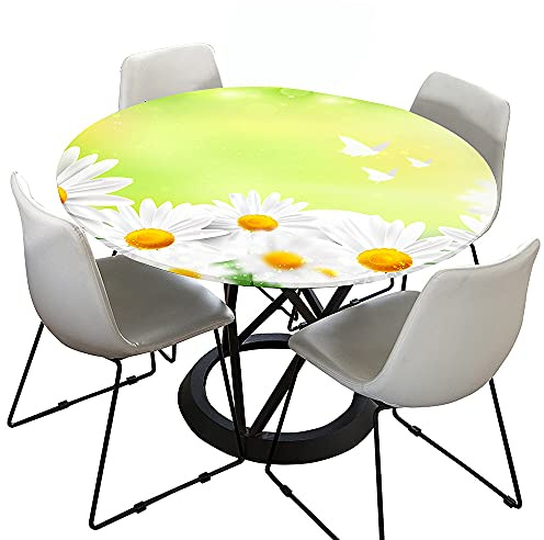 Tischdecke Abwaschbar Rund 90cm, Elastisch Lotuseffekt Tischdecke Outdoor 3D-Druck Tischdecken Daisy Table Cloth für Garten Restaurant, Ideal für 70cm-80cm