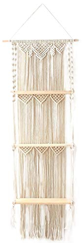Onmancy Boho Makramee Wandbehang 3 Tier Handgefertigte Gewebte Quaste Organizer Regale Wand Schwimmende KleiderbüGel für Wohnkultur