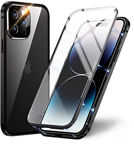 TOPF&B Case for iPhone 14 Pro Max Magnetic Cover,Transparent Tempered Glass Full Cover with Camera Protector,360 Degree Metal Bumper Case for iPhone 14 Pro Max,Clear Black