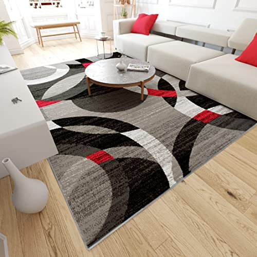 Mazovia Modern Teppich - Kurzflor - Teppich für Wohnzimmer, Schlafzimmer, Esszimmer - ÖKO-TEX Wohnzimmerteppich, Robust und pflegeleicht, Niedrige Florhöhe - Grau Rot 180 x 250 cm