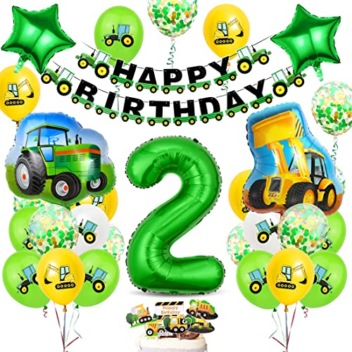 Bluelves Geburtstagsdeko 2 Jahre Jungen, Luftballon Traktor Deko Kindergeburtstag, Traktor Geburtstag Dekoration, Grün Folienballon Traktor Bagger 2 Jahre für Jungen Party Dekoration