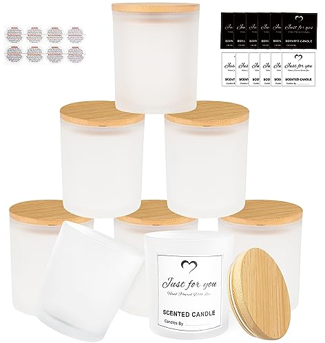 CONNOO 8 Stück 400 ml Milchglas-Kerzengläser mit Bambusdeckel für die Herstellung von Kerzen, große leere Kerzendosen mit Klebeetiketten – auslaufsicher und spülmaschinenfest.