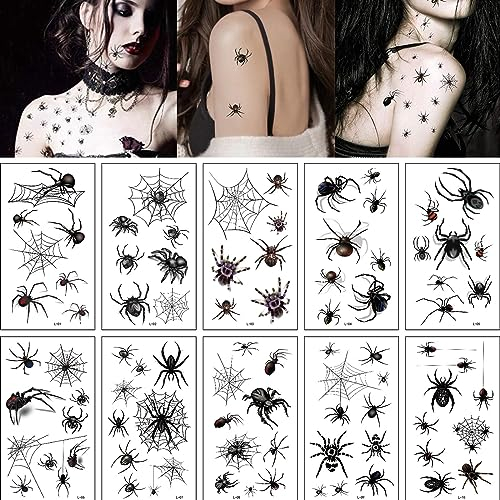 10 Blätter Spinnen Temporäre Tattoos, Halloween Schminke Tattoo Schwarz Spinne Tattoo Karneval Spinnennetze Gesicht Tattoos Aufkleber für Halloween Makeup Grusel party Rave