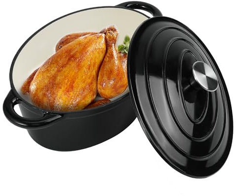 Kerilyn 4.5 QT Enameled Oval Dutch Oven Pot with Lid and Dual Handles, Cast Iron Dutch Oven for Cooking, Bread Baking, Non-stick Enamel Coated Cookware (Black)