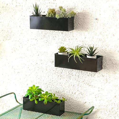 LaLaGreen Wand-Pflanzgefäß für Zimmerpflanzen (3 Stück, 35,6 cm), große Wandhalterung, Pflanzgefäße für Sukkulenten, schwarz, rechteckiger Metall-Blumentopf, lange Fensterbank, Pflanzkasten,