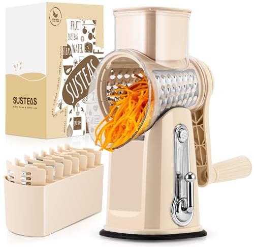 SUSTEAS Rotary Cheese Grater,Vegetable Slicer with 5 Interchangeable Blades,Strong Suction Base,Rotary Drum Grater&Food Shredder for Kitchen,with Blade Storage Box-Ideal for Cheese,Cucumber,Carrot,Nut