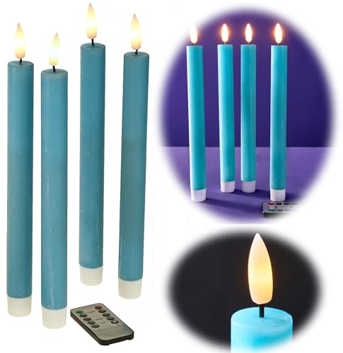 LS-LebenStil 3D Stabkerze Blau 24,5cm Echtwachs 4´er Set Timer bewegliche Kerzen Flamme