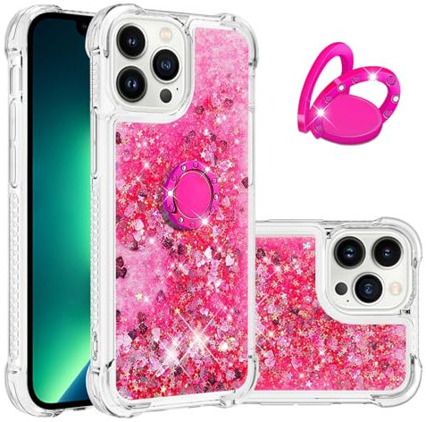 IMEIKONST Glitter Case Compatible with iPhone 12 Pro Max, Sparkle Quicksand Clear Slim Fits TPU Bumper Silicone Shell Metal Ring Stand Fuction Shockproof Cover for iPhone 12 Pro Max. Love Pink YBZ