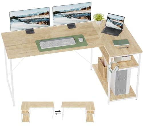 TRIUMPHKEY Escritorio Esquinero en L de 160x80 cm con Almacenamiento, Escritorio de Esquina con Estante Reversible, Estable Mesa Ordenador en L para Oficina, Estudio o Secretaría, Roble