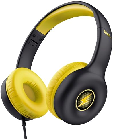 Trust Nouna Auriculares con Cable para Niños 4-10 Años, Límite de Volumen (85dB), Cascos Plegables con Micrófono Incorporado y Adhesivos, Cable 3.5mm, Auriculares Infantiles para Switch, Negro