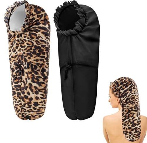 Abeillo 2 Extra Lange Duschhaube für Damen, Große Duschhauben für Zöpfe mit Langem Haar und Locken, Wasserdichte Haarhauben für Dreadlocks mit Kordelzug für Frauen Männer (Schwarz, Leopard)