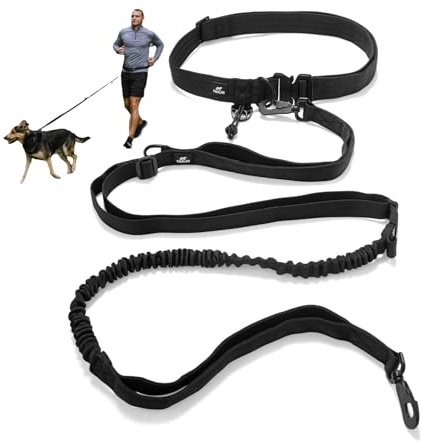 Tailio Hands Free Dog Lead – Premium Adjustable Waist Belt & Leash with Shock Absorbing Bungee, Dual Padded Handles, Car Seatbelt Clip - Ideal for Walking, Jogging, Training, Hiking (Black)