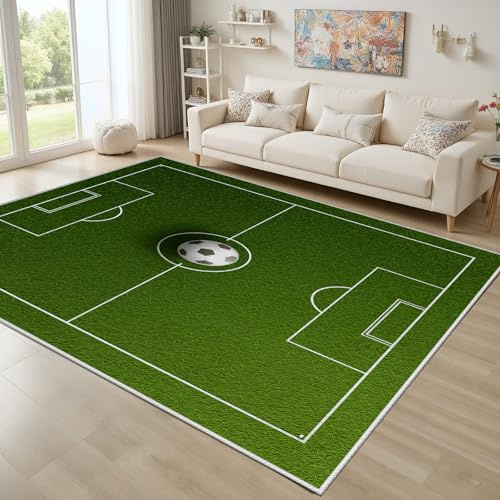 Dyjuaa Fußball Football Teppich Waschbar Kinderzimmer, Fußballfeld Teppiche Antirutsch 120 x 170 cm, Sport Teppiche für Wohnzimmer Schlafzimmer, Jugendzimmer