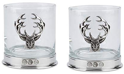 Lead Free pewterware Mounted 12oz Whisky Glass with a stag's Head Emblem in a Presentation Box of 1, 2 or 4 Glasses (2)