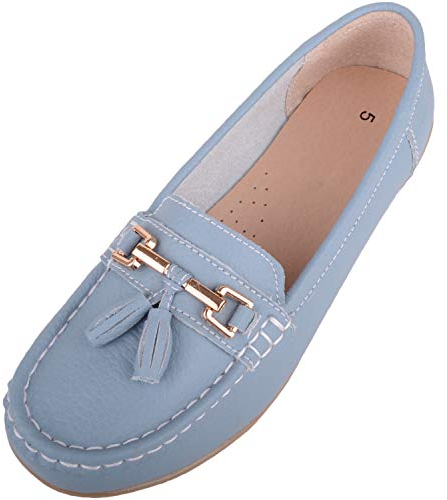 ABSOLUTE FOOTWEAR Mocassini da donna in pelle casual senza lacci, Azzurro, 38 EU