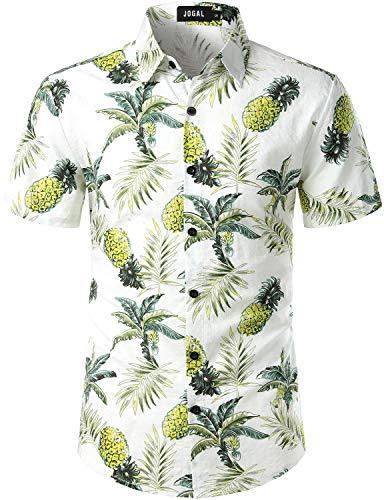 JOGAL Herren Floral Blumenmuster Kurzarm Baumwolle Ananas Hawaiihemd Large WeißAnanas