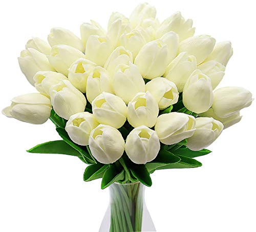 CATTLEYAHQ Flores de tulipán Artificiales, 10 Piezas de Tulipanes Reales con Hojas, decoración para Banquete de Boda Nupcial, Mesa de Cocina para el hogar (Blanco)