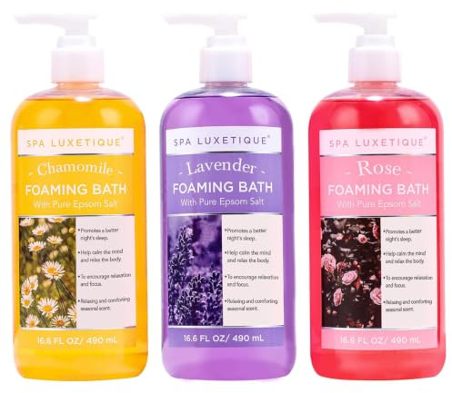 Spa Luxetique Bubble Bath, Foaming Bath with Epsom Salt, Chamomile Rose and Lavender Scent Bathing Set, 3 Pack 49.8 fl oz Mothers Day Gifts Set for Women and Men