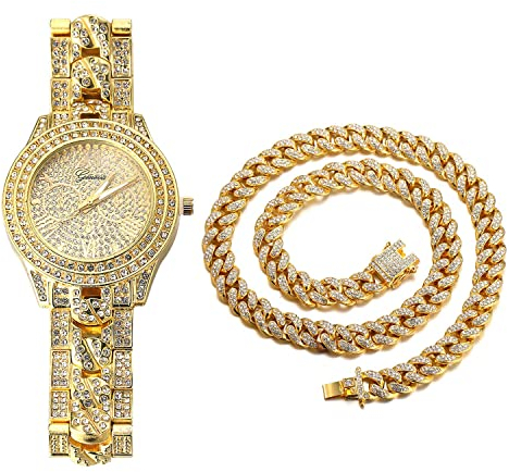 Halukakah Diamant Vergoldete Uhr, Herren 18 Karat Echt Vergoldet Kubanische Kette Eingelegtes Band Quarz Armband 24cm,mit Kubanischer Kette 45cm Halskette,Volle Cz Labordiamants