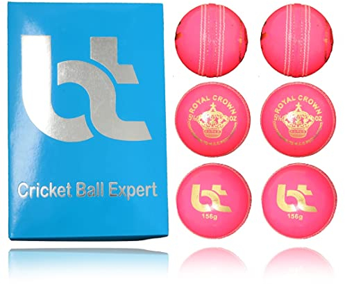 BT Pink Cricket Ball - Pack of 6 Genuine Leather Cricket Balls for Day or Night International Standard Cricket and Practice | Bat-Friendly Hard Cricket Ball Made from Sustainable Sources | 156g