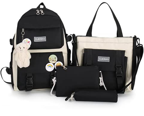 4pcs School Bags Set Kawaii Backpacks for Teen Girls School Backpack School Aesthetic Backpack with Accessories, Black, Large