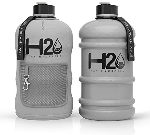H2O Bottles - 2.2 Litre Water Bottle - Extra Strong Flex Material - Drop Proof, Pop Insulated Sleeve - 2.2L Large Gym Sports Bottle, BPA FREE, Matte Grey