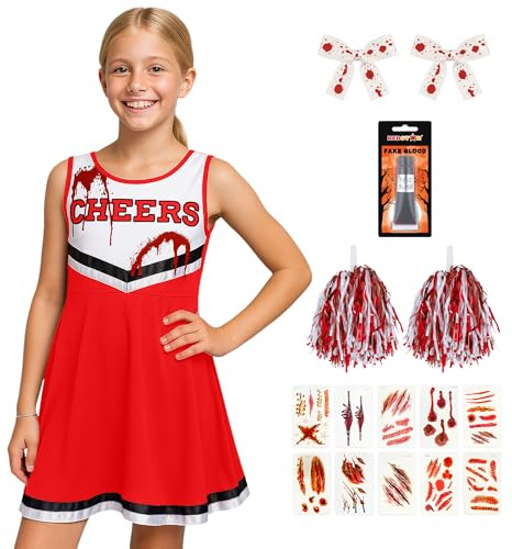REDSTAR costume d'halloween de pompom girl zombie, robe de soirée deguisement fille halloween zombies effrayantes avec tube de faux sang, Costume de pom-pom girl Dead Halloween