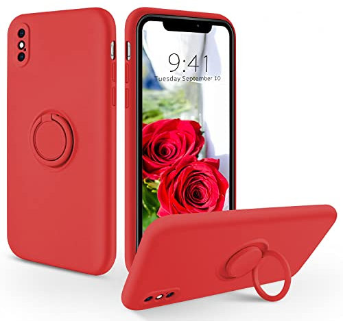 SouliGo iPhone XS Case, iPhone X Case Silicone Gel 360° Ring Holder Kickstand Magnetic Car Mount Slim Soft Rubber Anti-Scratch Protective Shockproof Phone Cases for iPhone XS/X 5.8 - Red