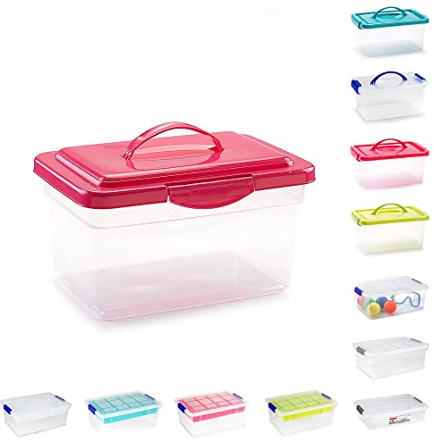 Plastic Storage Box Lightweight Robust Stackable Storage Boxes with Lid, Clear Latch Boxes, Plastic Organiser, Space Saving Solution for Home Office (9L - Fuchsia Lid with Handle)