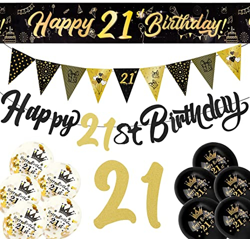 21st Birthday Decoration Kit, 13 Pieces Birthday Party Decoration Include Happy 21st Birthday Banner, Bunting, 12” Latex Printed Balloons, 9ft Banner for Women Men 21st Birthday Decorations Supplies