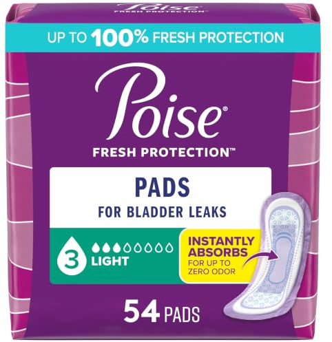 Poise Incontinence & Postpartum Pads for Bladder Leaks, 3 Drop Light Absorbency, Regular Length, 54 Count, Packaging May Vary