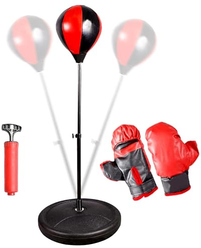 The Magic Toy Shop Kids Boxing Gloves & Punch Ball Set - Free Standing Punching Bag with Adjustable Stand 75 To 100 cm, Tear Resistant Leather, Air Pump - Great for Fitness, Focus, Boys Indoor Play