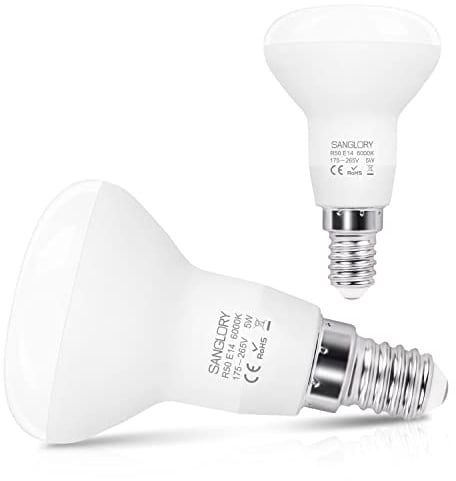 SanGlory Ampoules Réflecteur LED E14 R50 Blanc Froid 6000K, 510LM, 5W E14 Spot Lampe Équivalent Halogène 40W, LED Ampoule R50, Culot E14 Lumière 120 Degrés, Non Dimmable, Lot de 2