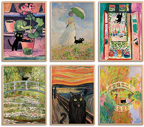 Lustige schwarze Katze, Wandkunst-Set, 6 Stück, Vintage-Monet-Matisse-Leinwand, Retro-Kunstwerk, Poster für Zimmer, ästhetisch, Wohnzimmer, Badezimmer, Schlafzimmer, Wanddekoration, 20,3 x 25,4 cm,