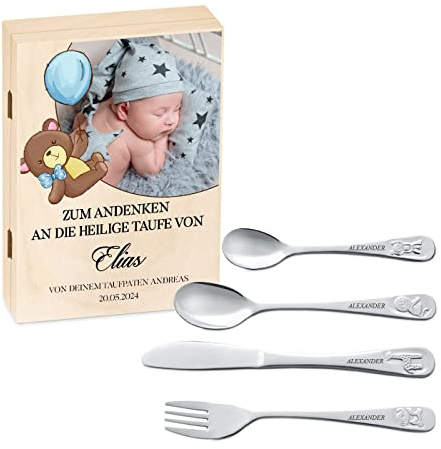 Maverton Kinderbesteck Set mit Gravur + Holzbox mit Aufdruck - aus Edelstahl - mit Tieraufdruck - 4-teilig - personalisierbar - Braun - Geschenk Geburtstag, Taufe, Geburt - Foto 2