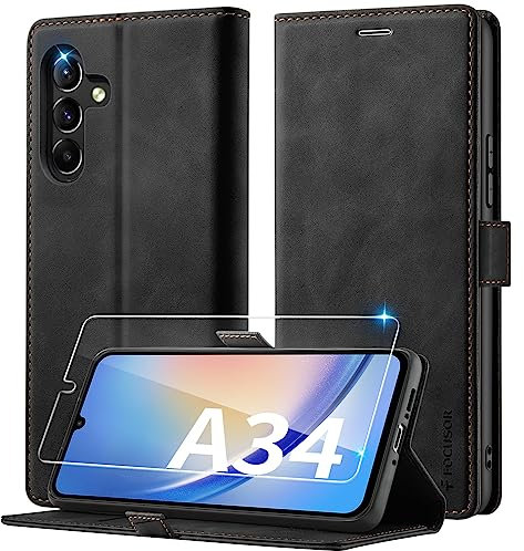 Focusor Coque pour Samsung Galaxy A34 5G avec Verre Trempé Protection,Housse PU Magnétique Flip Portefeuille Emplacement Carte Coque A34 Etui Premium en Cuir,Antichoc Coque pour Galaxy A34,Noir