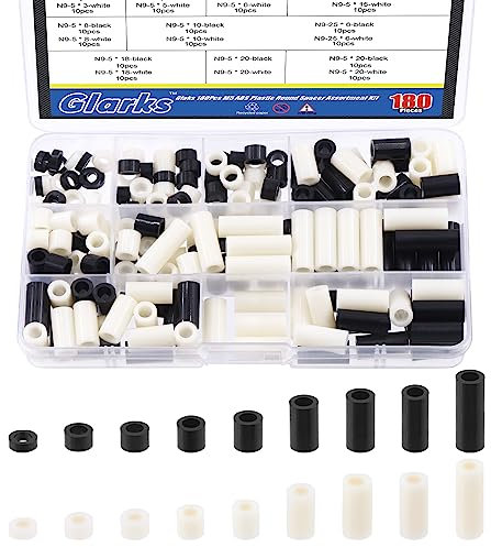 Glarks Assortiment de 180 entretoises rondes en nylon pour vis M5 – Rondelles rondes en ABS noir et blanc pour interrupteur électrique et prise de courant